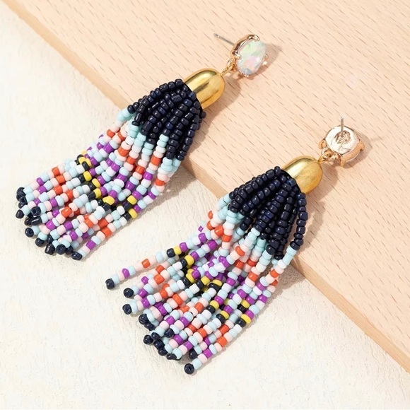 Multicolored Jewel Beaded Tassel Drop Earrings - Picture 1 of 12